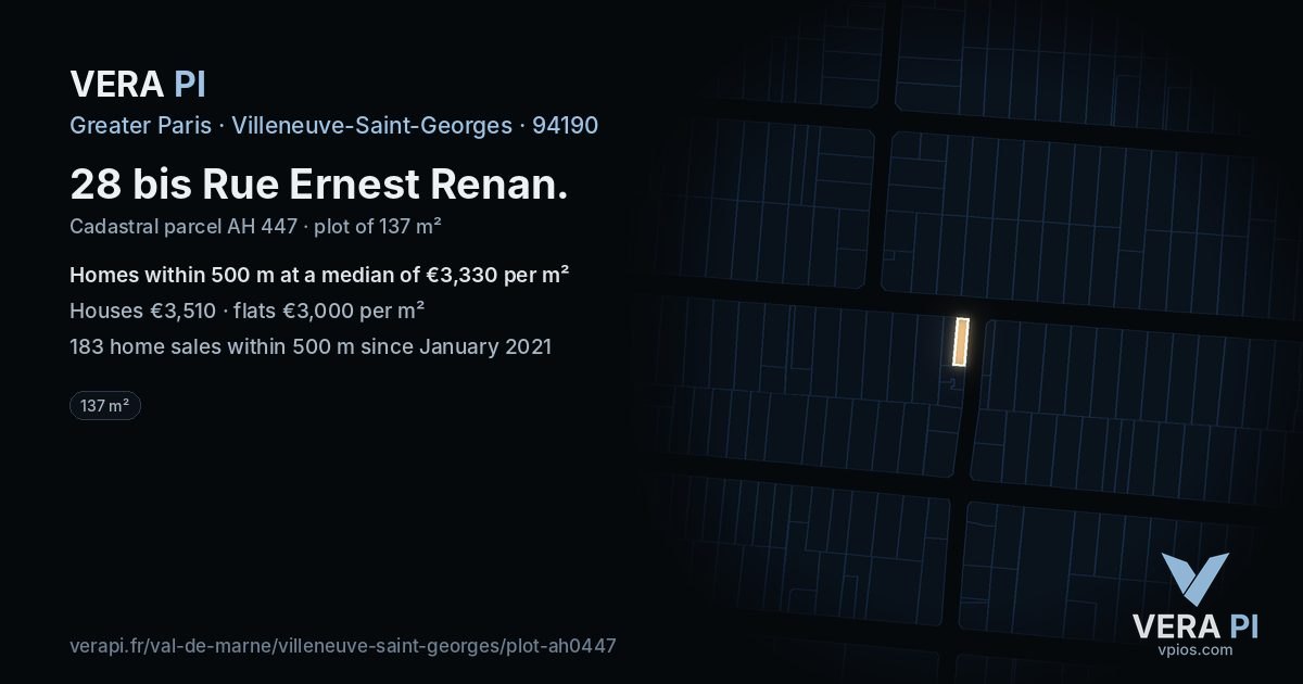 28 bis Rue Ernest Renan, Villeneuve-Saint-Georges at night – the plot lit, the parcels around coloured by the prices near them