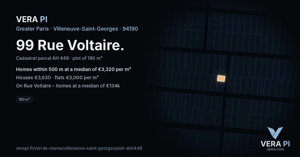 99 Rue Voltaire, Villeneuve-Saint-Georges at night – the plot lit, the parcels around coloured by the prices near them