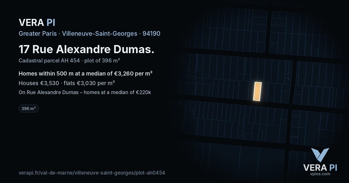 17 Rue Alexandre Dumas, Villeneuve-Saint-Georges at night – the plot lit, the parcels around coloured by the prices near them