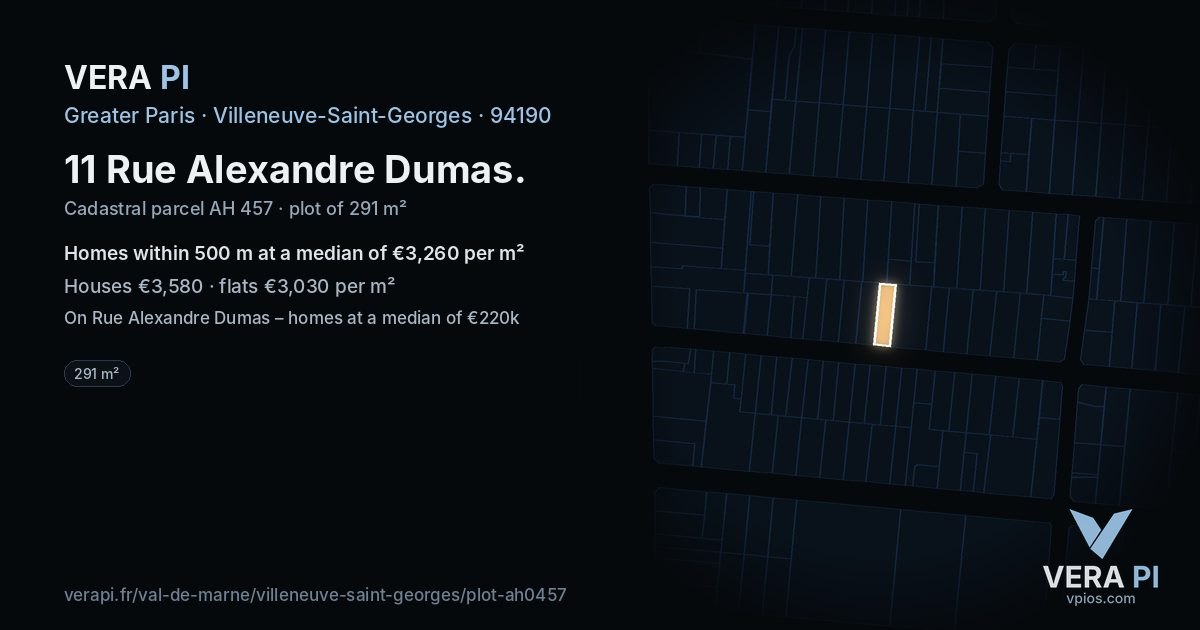 11 Rue Alexandre Dumas, Villeneuve-Saint-Georges at night – the plot lit, the parcels around coloured by the prices near them