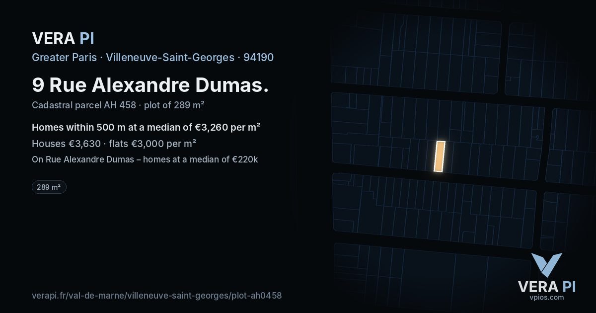9 Rue Alexandre Dumas, Villeneuve-Saint-Georges at night – the plot lit, the parcels around coloured by the prices near them