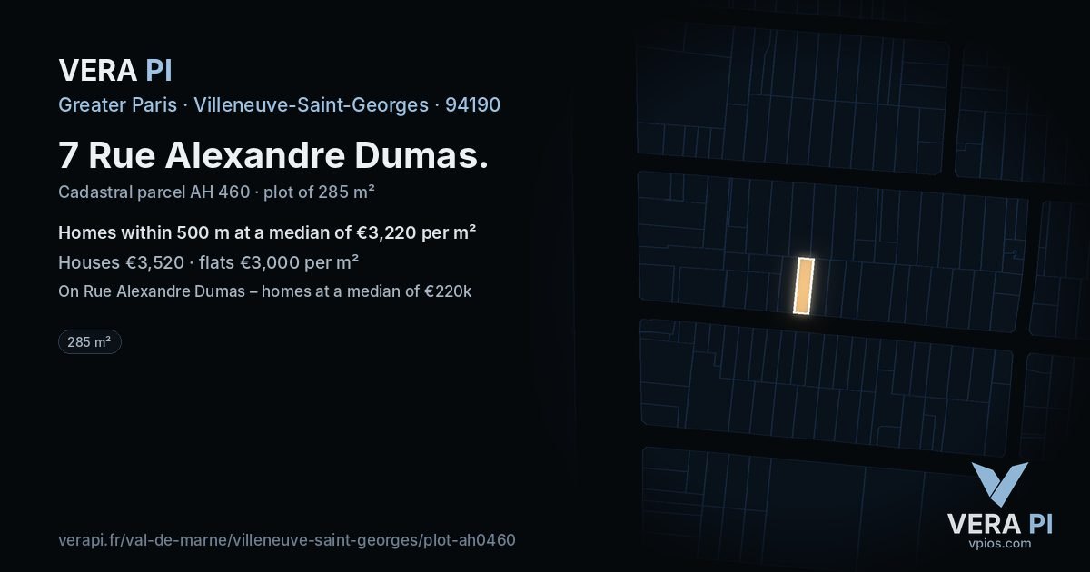 7 Rue Alexandre Dumas, Villeneuve-Saint-Georges at night – the plot lit, the parcels around coloured by the prices near them