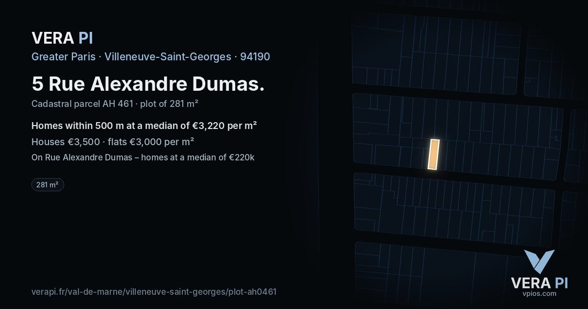 5 Rue Alexandre Dumas, Villeneuve-Saint-Georges at night – the plot lit, the parcels around coloured by the prices near them