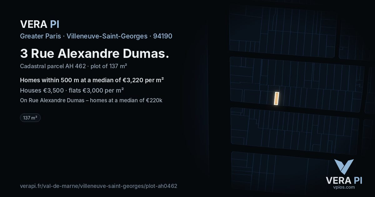 3 Rue Alexandre Dumas, Villeneuve-Saint-Georges at night – the plot lit, the parcels around coloured by the prices near them