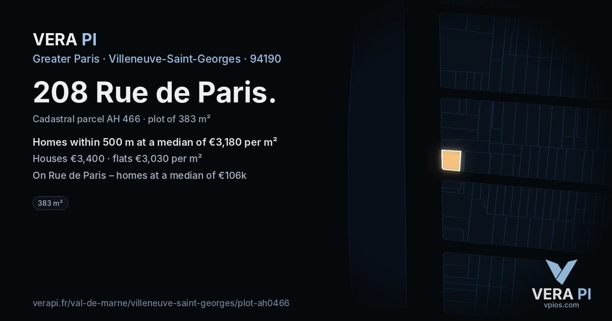 208 Rue de Paris, Villeneuve-Saint-Georges at night – the plot lit, the parcels around coloured by the prices near them