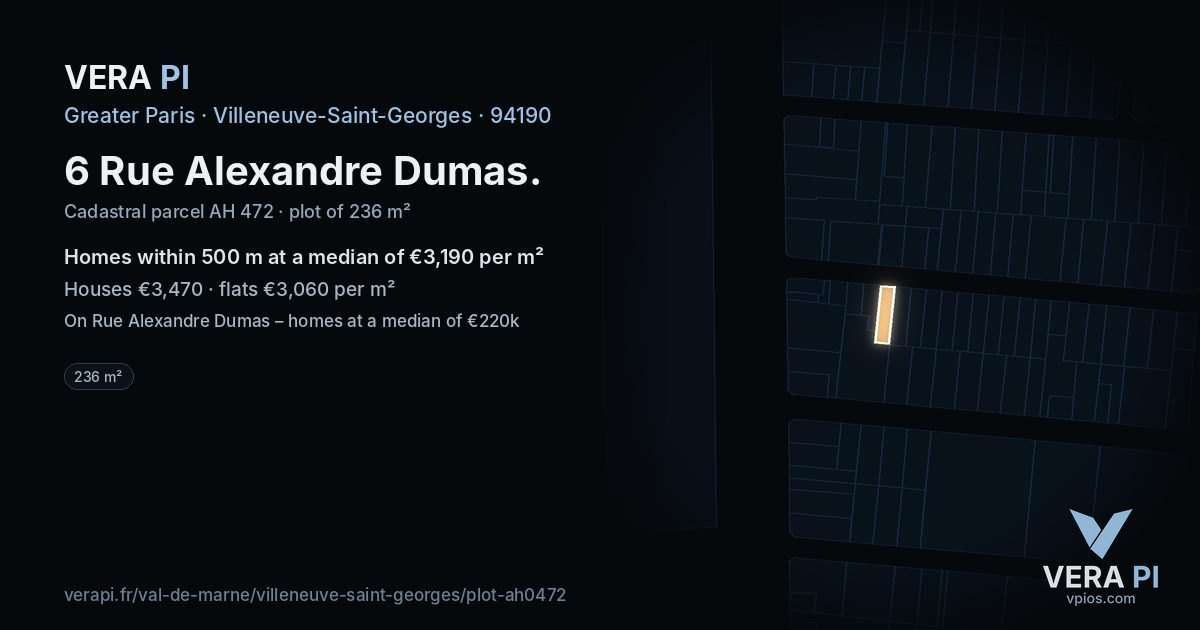 6 Rue Alexandre Dumas, Villeneuve-Saint-Georges at night – the plot lit, the parcels around coloured by the prices near them