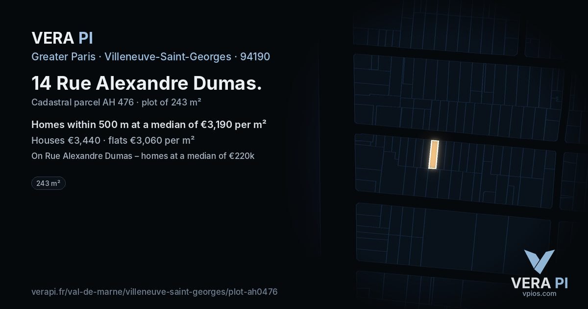 14 Rue Alexandre Dumas, Villeneuve-Saint-Georges at night – the plot lit, the parcels around coloured by the prices near them