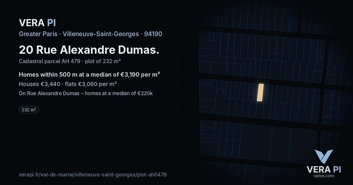 20 Rue Alexandre Dumas, Villeneuve-Saint-Georges at night – the plot lit, the parcels around coloured by the prices near them