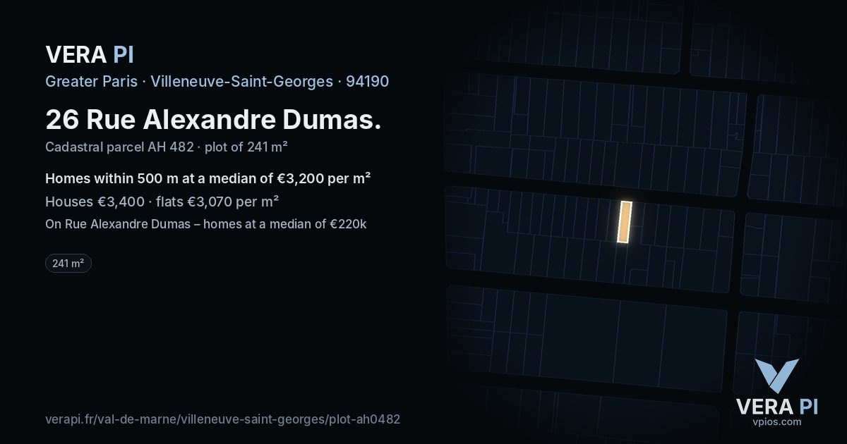 26 Rue Alexandre Dumas, Villeneuve-Saint-Georges at night – the plot lit, the parcels around coloured by the prices near them
