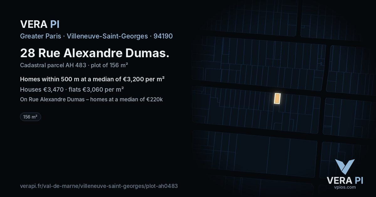 28 Rue Alexandre Dumas, Villeneuve-Saint-Georges at night – the plot lit, the parcels around coloured by the prices near them