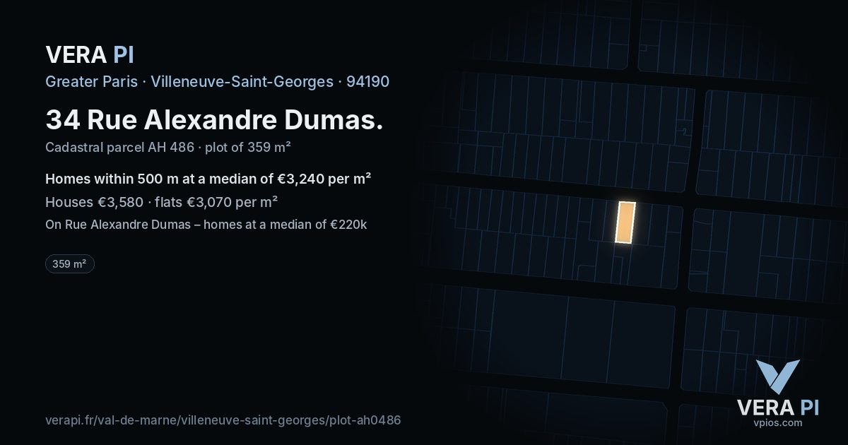 34 Rue Alexandre Dumas, Villeneuve-Saint-Georges at night – the plot lit, the parcels around coloured by the prices near them