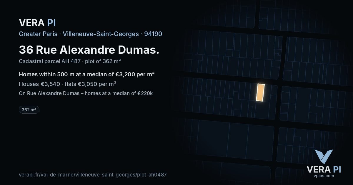 36 Rue Alexandre Dumas, Villeneuve-Saint-Georges at night – the plot lit, the parcels around coloured by the prices near them