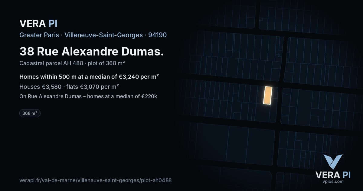 38 Rue Alexandre Dumas, Villeneuve-Saint-Georges at night – the plot lit, the parcels around coloured by the prices near them
