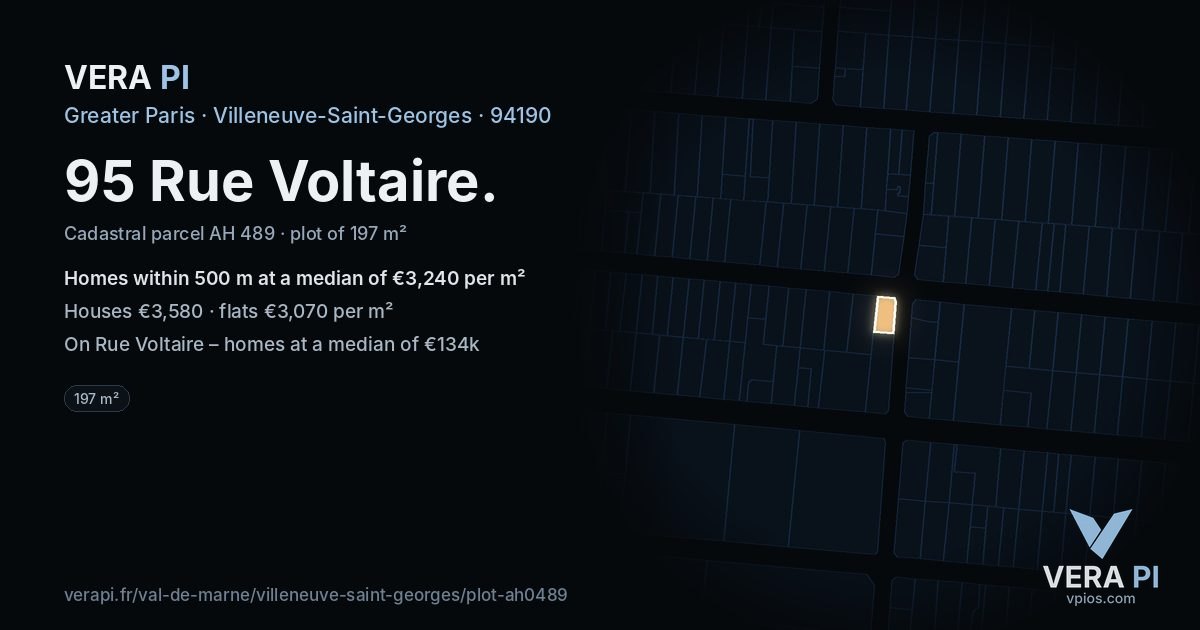 95 Rue Voltaire, Villeneuve-Saint-Georges at night – the plot lit, the parcels around coloured by the prices near them