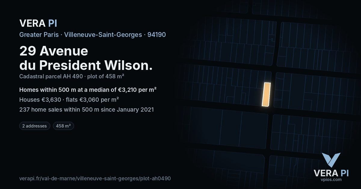 29 Avenue du President Wilson, Villeneuve-Saint-Georges at night – the plot lit, the parcels around coloured by the prices near them