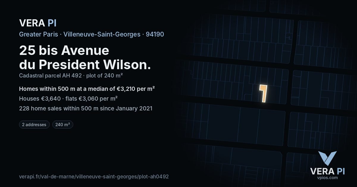 25 bis Avenue du President Wilson, Villeneuve-Saint-Georges at night – the plot lit, the parcels around coloured by the prices near them