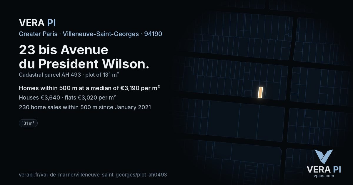 23 bis Avenue du President Wilson, Villeneuve-Saint-Georges at night – the plot lit, the parcels around coloured by the prices near them