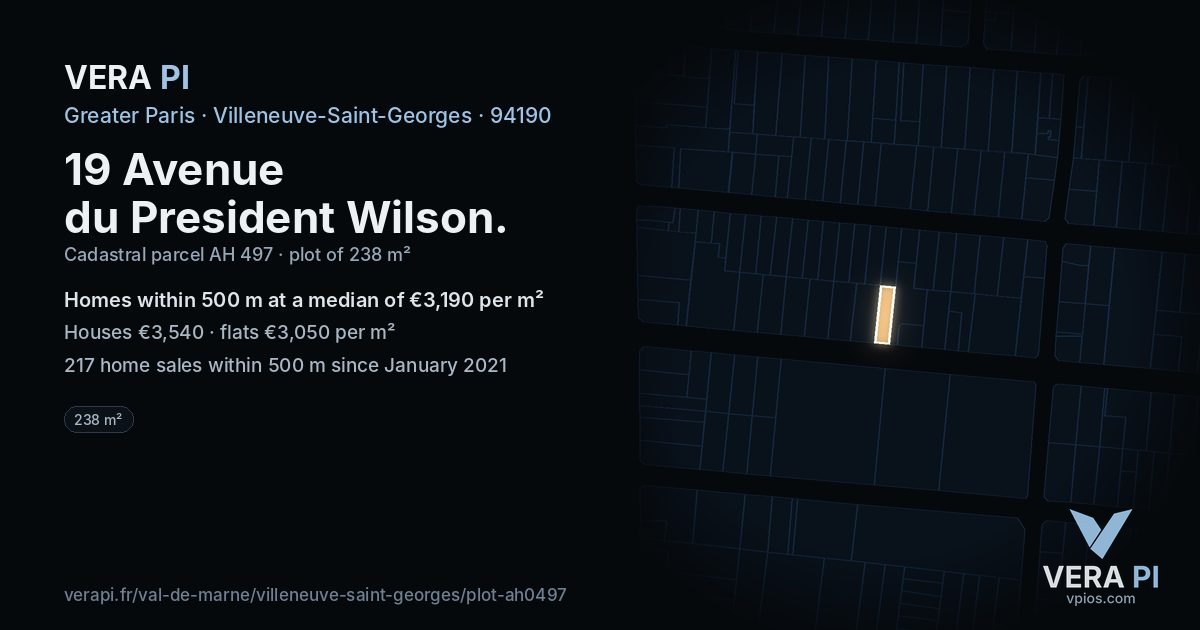 19 Avenue du President Wilson, Villeneuve-Saint-Georges at night – the plot lit, the parcels around coloured by the prices near them