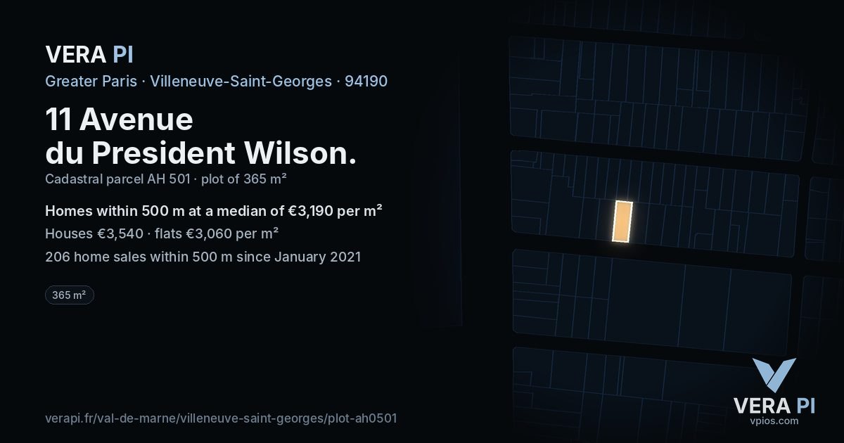 11 Avenue du President Wilson, Villeneuve-Saint-Georges at night – the plot lit, the parcels around coloured by the prices near them