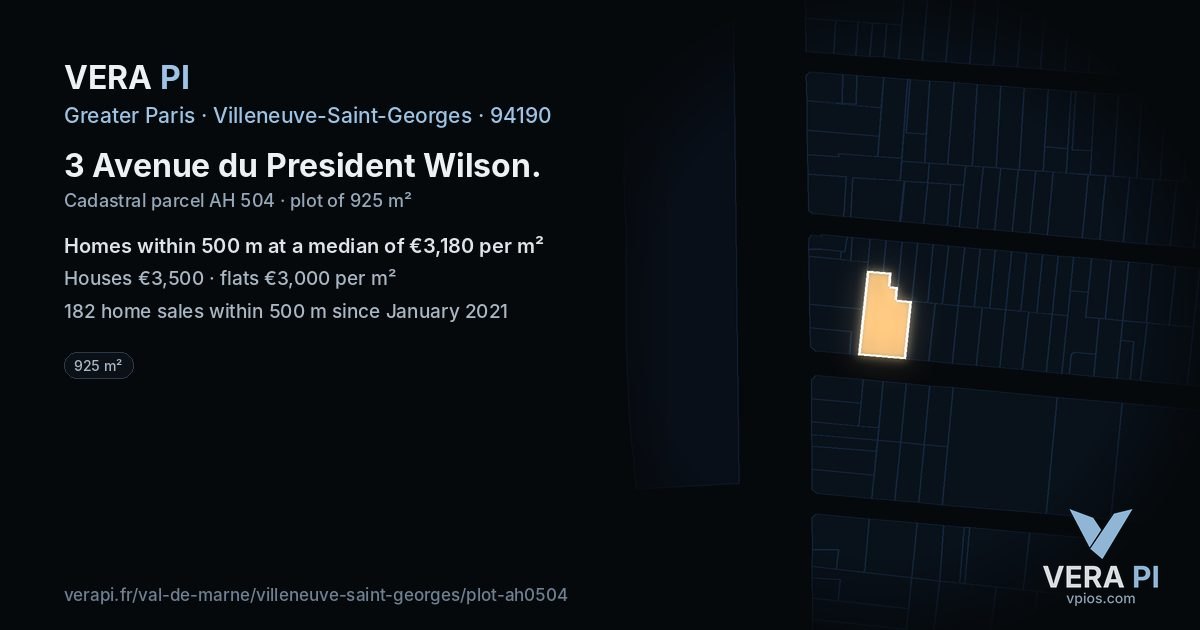3 Avenue du President Wilson, Villeneuve-Saint-Georges at night – the plot lit, the parcels around coloured by the prices near them