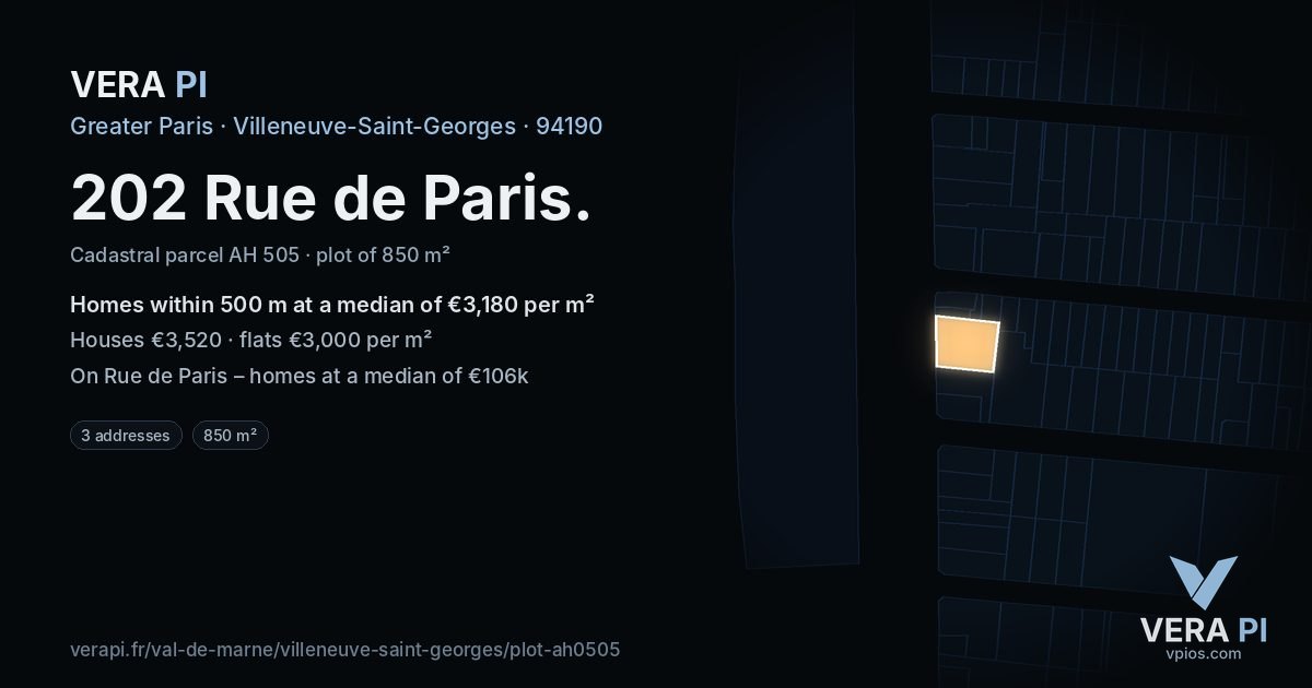 202 Rue de Paris, Villeneuve-Saint-Georges at night – the plot lit, the parcels around coloured by the prices near them