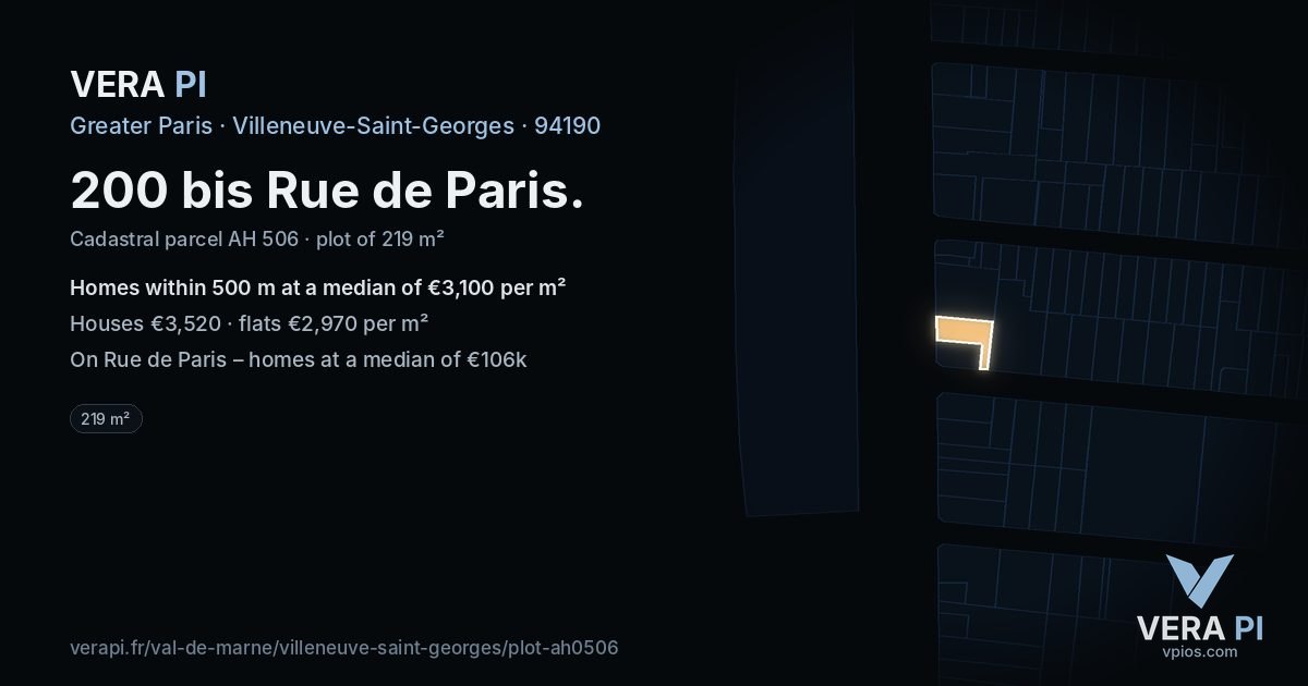 200 bis Rue de Paris, Villeneuve-Saint-Georges at night – the plot lit, the parcels around coloured by the prices near them
