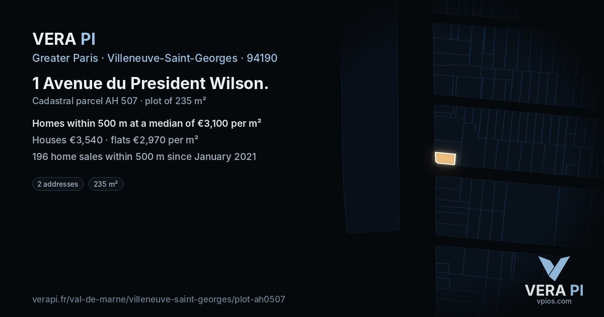1 Avenue du President Wilson, Villeneuve-Saint-Georges at night – the plot lit, the parcels around coloured by the prices near them