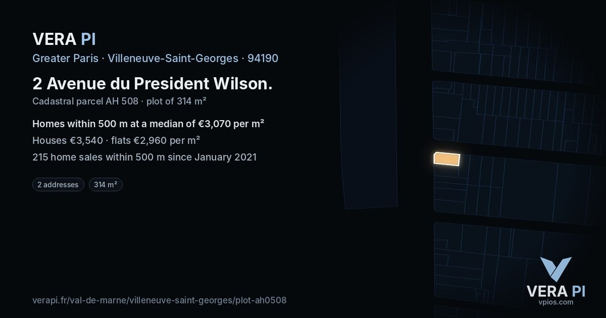 2 Avenue du President Wilson, Villeneuve-Saint-Georges at night – the plot lit, the parcels around coloured by the prices near them