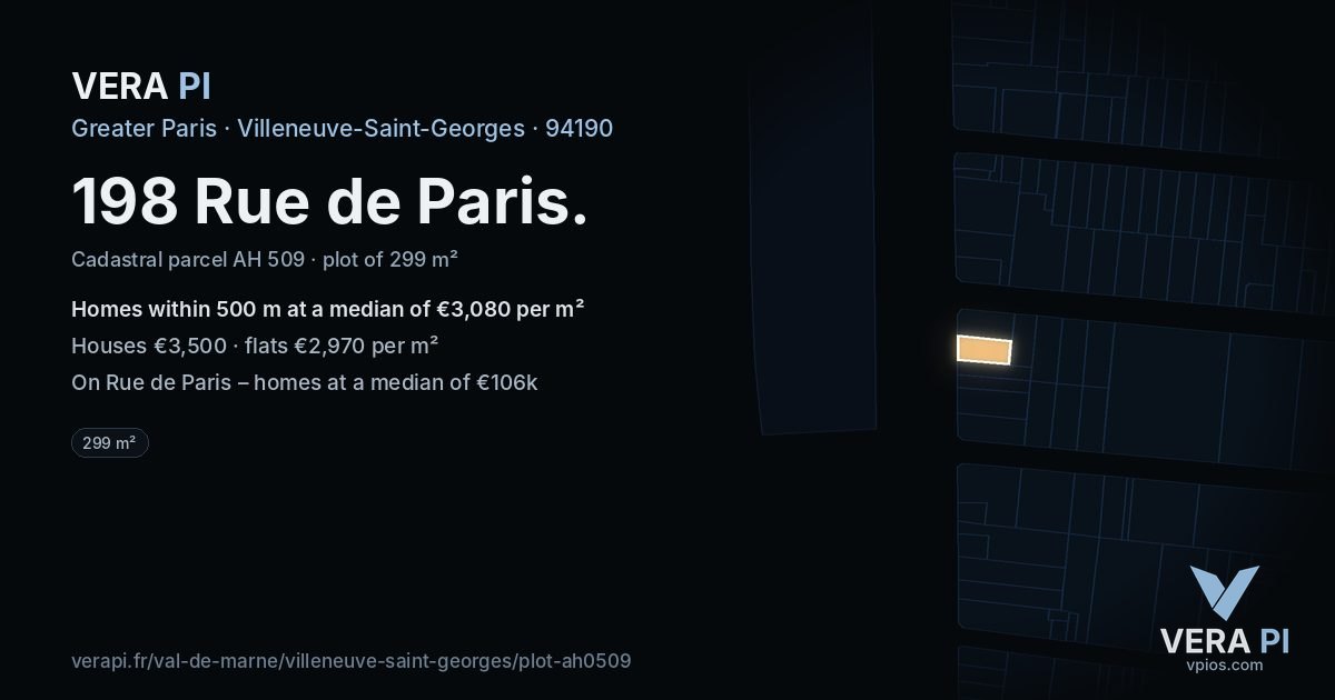 198 Rue de Paris, Villeneuve-Saint-Georges at night – the plot lit, the parcels around coloured by the prices near them