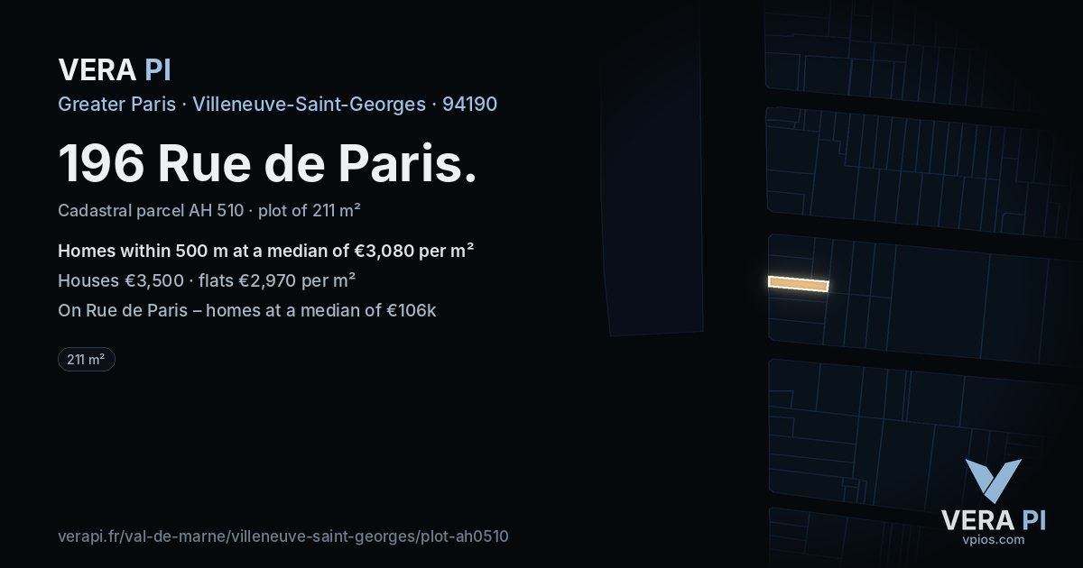 196 Rue de Paris, Villeneuve-Saint-Georges at night – the plot lit, the parcels around coloured by the prices near them