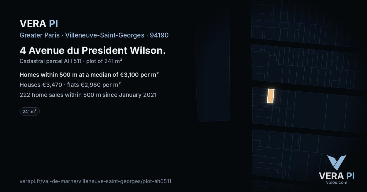 4 Avenue du President Wilson, Villeneuve-Saint-Georges at night – the plot lit, the parcels around coloured by the prices near them