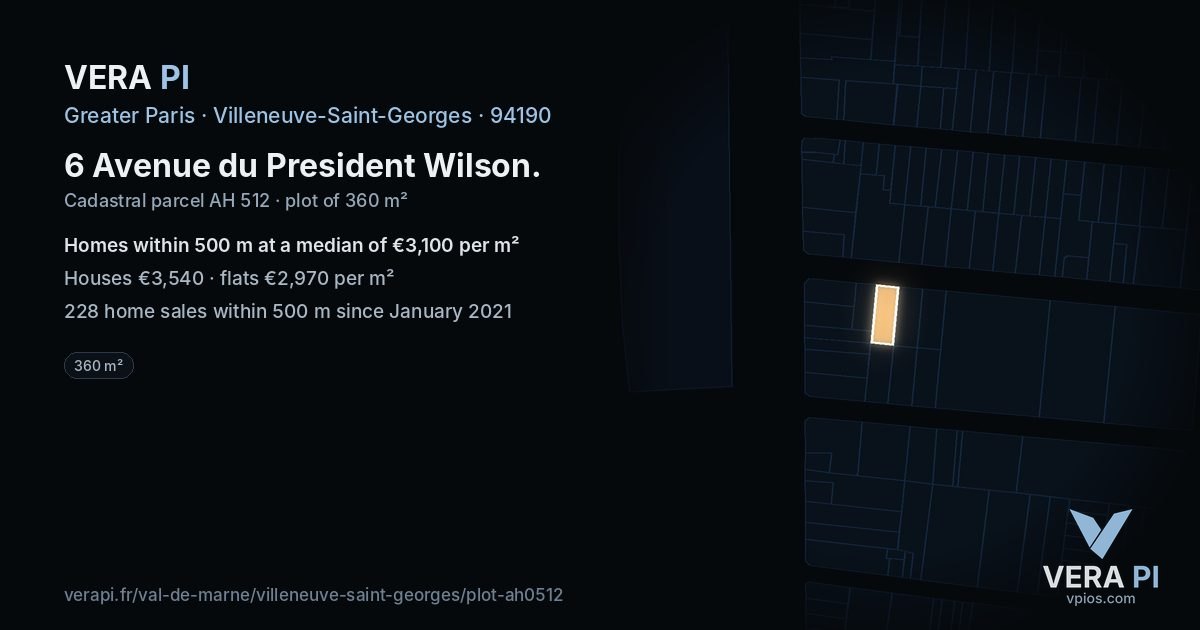 6 Avenue du President Wilson, Villeneuve-Saint-Georges at night – the plot lit, the parcels around coloured by the prices near them