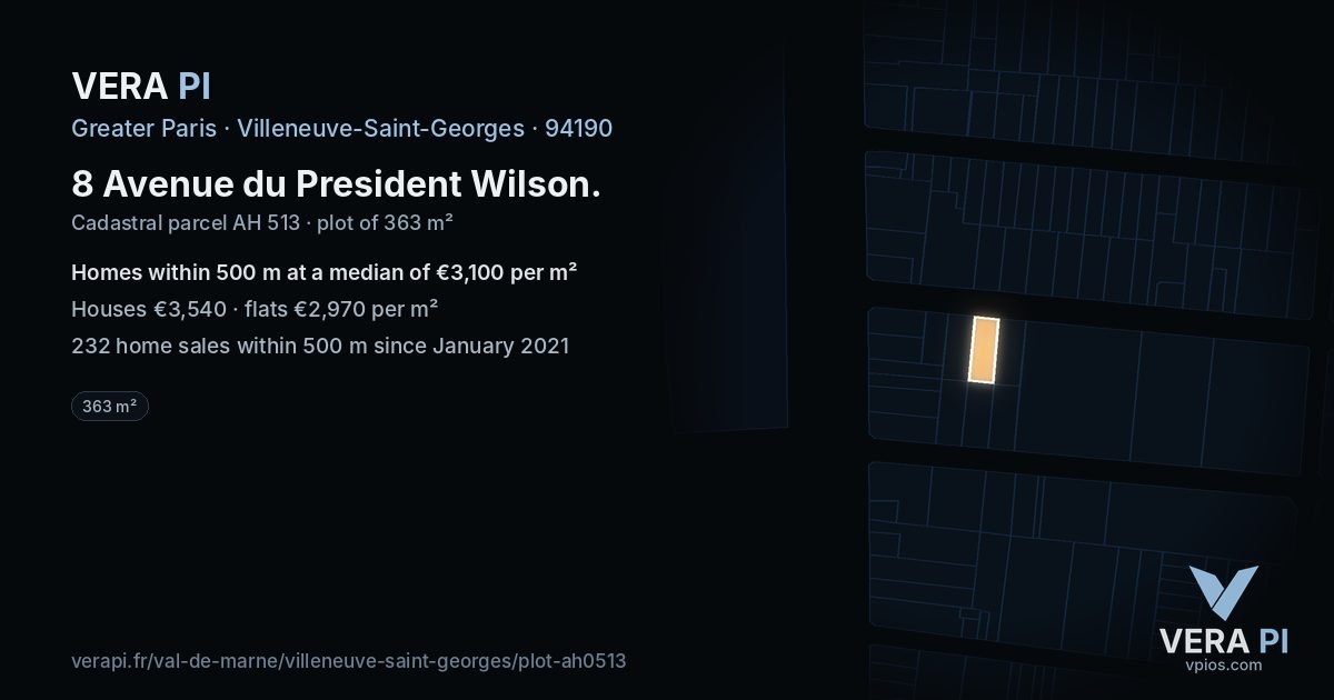 8 Avenue du President Wilson, Villeneuve-Saint-Georges at night – the plot lit, the parcels around coloured by the prices near them