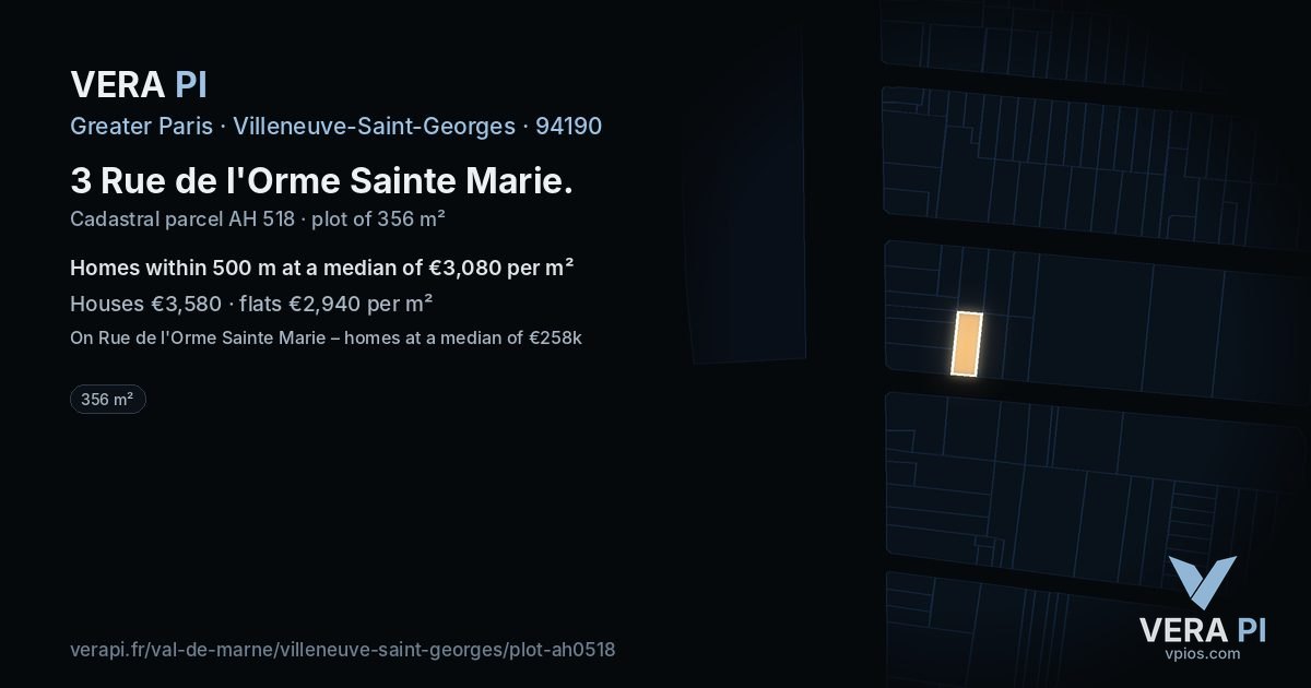 3 Rue de l'Orme Sainte Marie, Villeneuve-Saint-Georges at night – the plot lit, the parcels around coloured by the prices near them