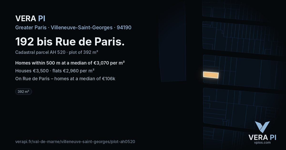 192 bis Rue de Paris, Villeneuve-Saint-Georges at night – the plot lit, the parcels around coloured by the prices near them
