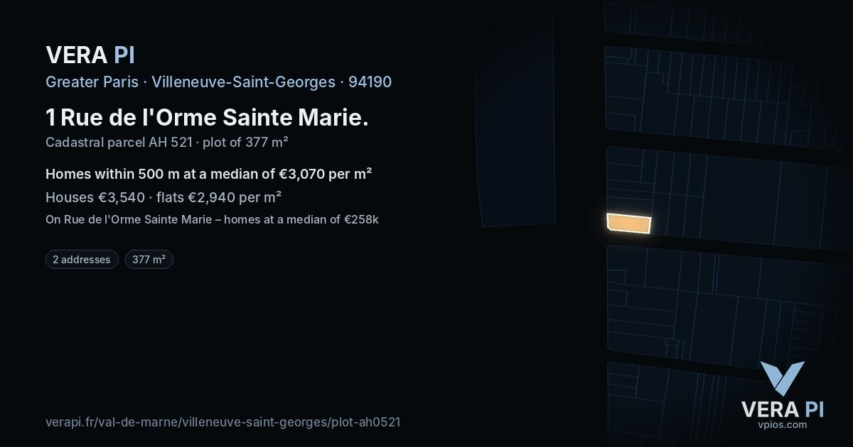1 Rue de l'Orme Sainte Marie, Villeneuve-Saint-Georges at night – the plot lit, the parcels around coloured by the prices near them