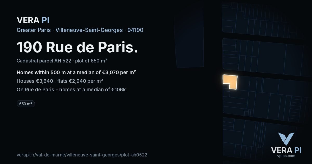 190 Rue de Paris, Villeneuve-Saint-Georges at night – the plot lit, the parcels around coloured by the prices near them