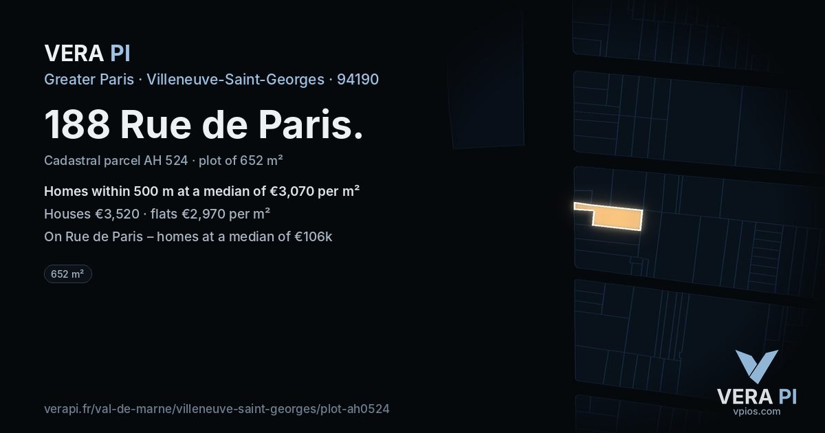 188 Rue de Paris, Villeneuve-Saint-Georges at night – the plot lit, the parcels around coloured by the prices near them