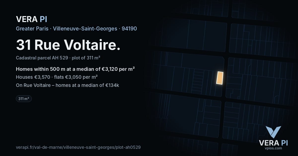 31 Rue Voltaire, Villeneuve-Saint-Georges at night – the plot lit, the parcels around coloured by the prices near them