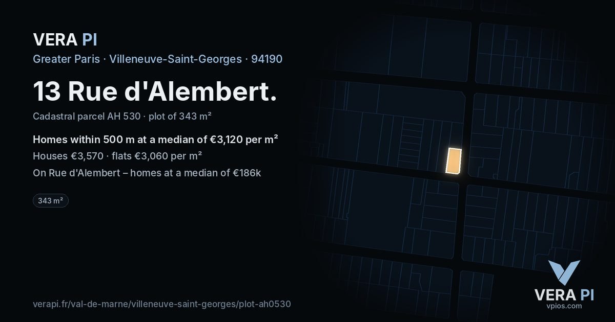 13 Rue d'Alembert, Villeneuve-Saint-Georges at night – the plot lit, the parcels around coloured by the prices near them