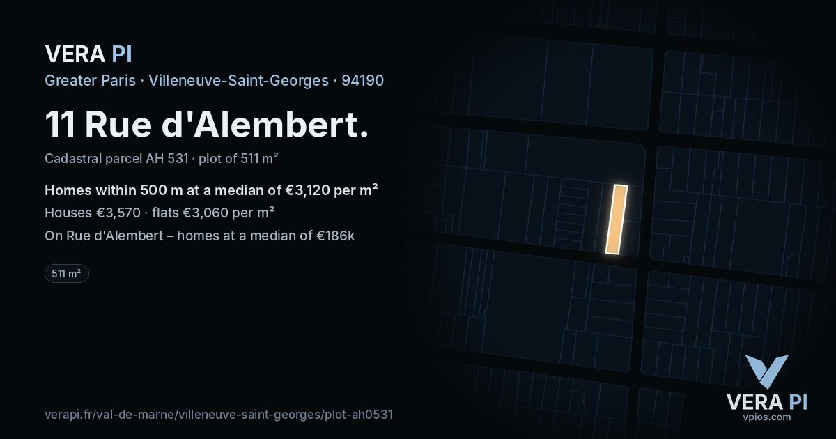 11 Rue d'Alembert, Villeneuve-Saint-Georges at night – the plot lit, the parcels around coloured by the prices near them