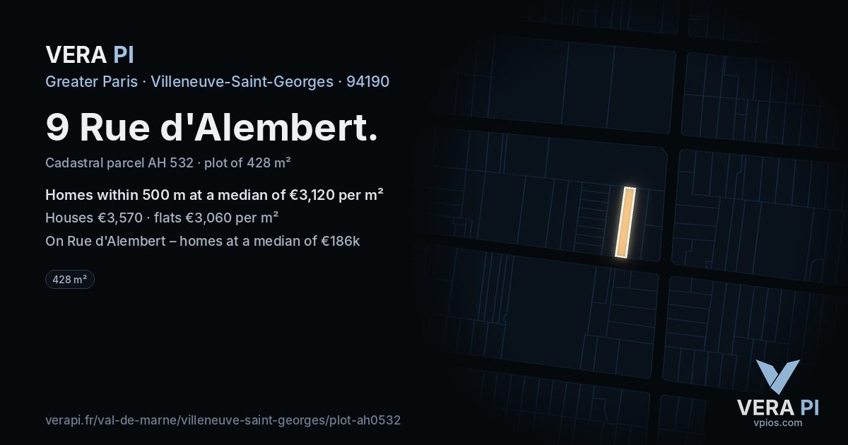 9 Rue d'Alembert, Villeneuve-Saint-Georges at night – the plot lit, the parcels around coloured by the prices near them