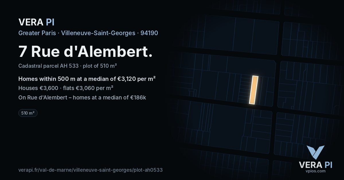 7 Rue d'Alembert, Villeneuve-Saint-Georges at night – the plot lit, the parcels around coloured by the prices near them