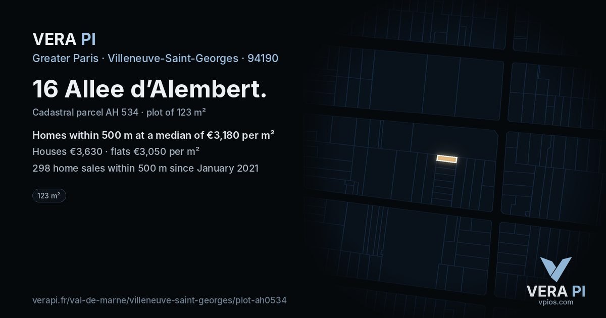 16 Allee d’Alembert, Villeneuve-Saint-Georges at night – the plot lit, the parcels around coloured by the prices near them