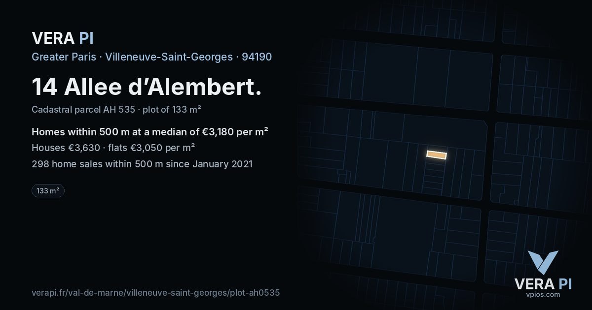 14 Allee d’Alembert, Villeneuve-Saint-Georges at night – the plot lit, the parcels around coloured by the prices near them