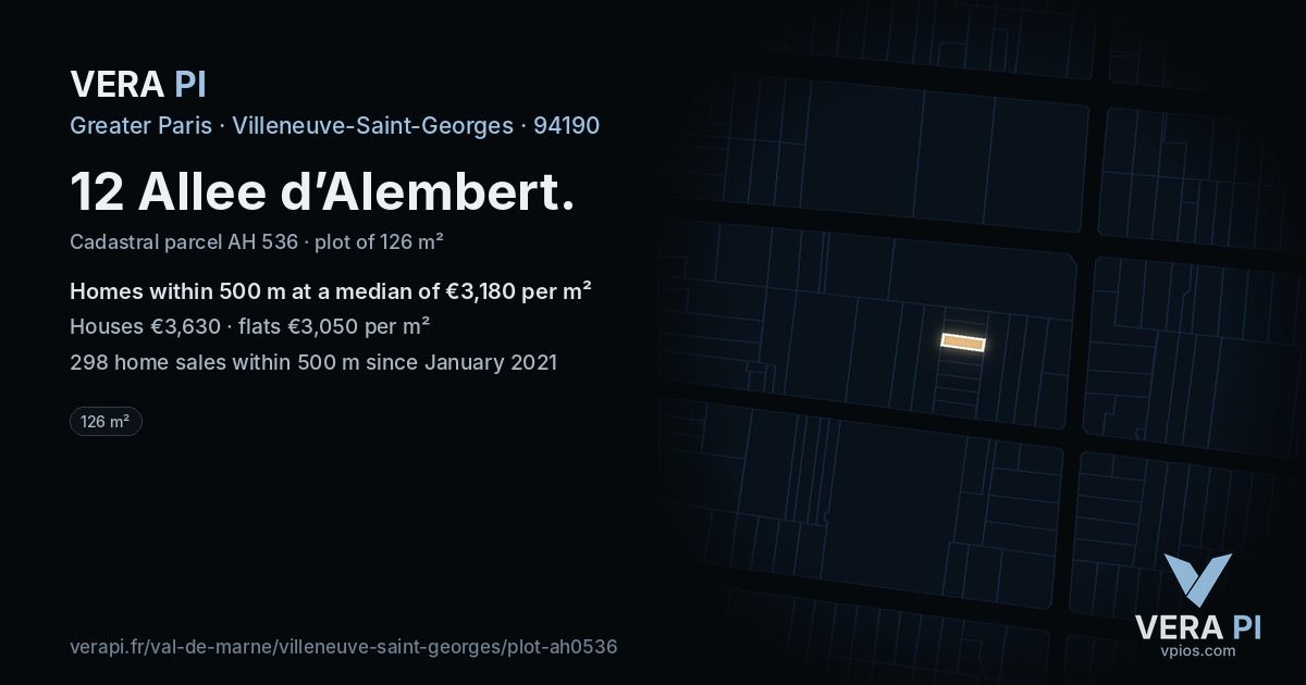 12 Allee d’Alembert, Villeneuve-Saint-Georges at night – the plot lit, the parcels around coloured by the prices near them