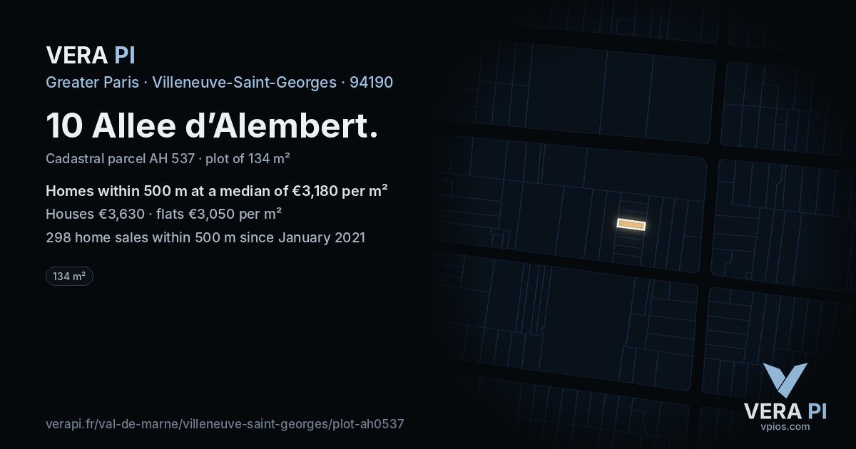 10 Allee d’Alembert, Villeneuve-Saint-Georges at night – the plot lit, the parcels around coloured by the prices near them