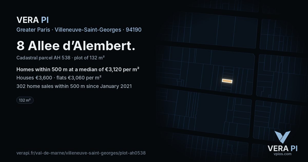 8 Allee d’Alembert, Villeneuve-Saint-Georges at night – the plot lit, the parcels around coloured by the prices near them