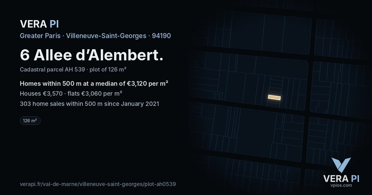 6 Allee d’Alembert, Villeneuve-Saint-Georges at night – the plot lit, the parcels around coloured by the prices near them
