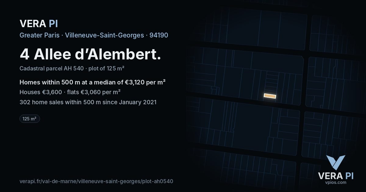 4 Allee d’Alembert, Villeneuve-Saint-Georges at night – the plot lit, the parcels around coloured by the prices near them